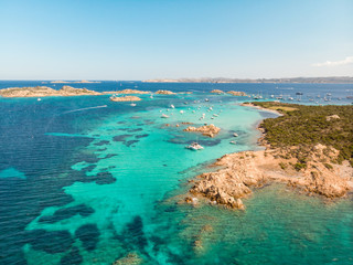 Wall Mural - Drone aerial view of Razzoli, Santa Maria and Budelli islands in Maddalena Archipelago, Sardinia, Italy. Maddalena Archipelago is a group of islands between Corsica and north-eastern Sardinia.