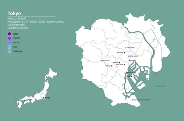  graphic vector map of asia countries. tokyo map of japan. japan map. 
