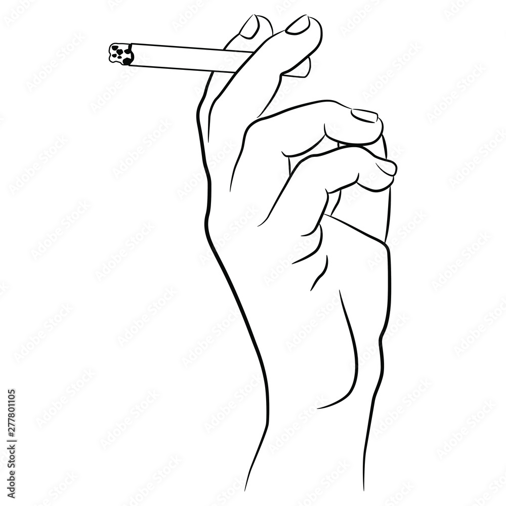 Human hand holding a cigarette. Black and white linear silhouette. Stock  Vector