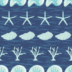 Seaside treasures seamless vector pattern with starfish, coral, nautilus and oyster shells on a blue textured background. Beautiful hand drawn elements, perfect design for textiles, decor and fashion.