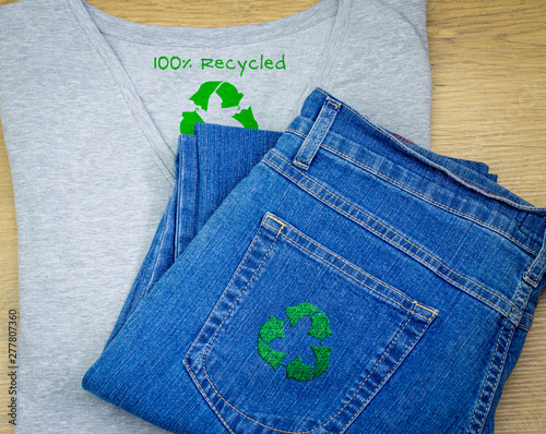 Jeans and T shirt with recycle textiles logo, concept illustration sustainable fashion recycle clothes and textiles
