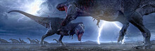 3D Rendering Of Two Tyrannosaurus Rex Fight For Hunting Rights.