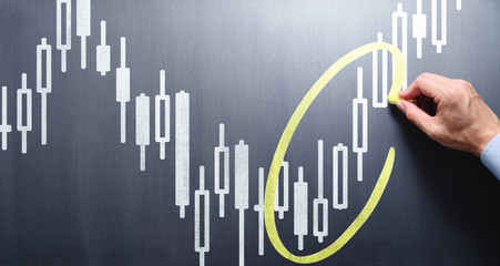 Aufkleber - Teaching stock market technical knowledge. Trader drawing candlestick chart and circle on chalkboard.