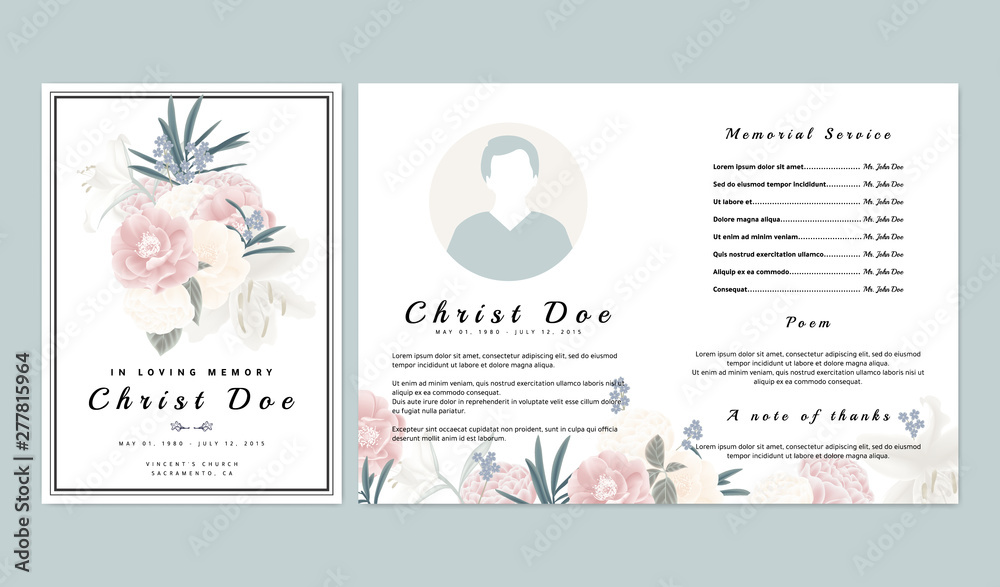Botanical memorial and funeral invitation card template design, pink and white roses, lilies with leaves on white background - obrazy, fototapety, plakaty 