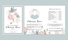 Botanical Memorial And Funeral Invitation Card Template Design, Pink And White Roses, Lilies With Leaves On White Background