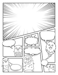 Sticker - black and white Comic book page template with cute monsters