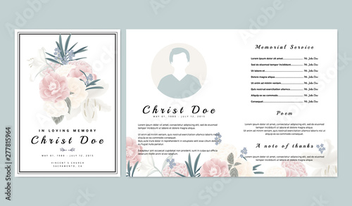 Cuadros en Lienzo Botanical memorial and funeral invitation card template design, pink and white r