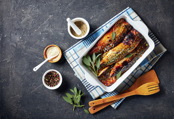 Poster - roasted mackerel fillets in a baking dish