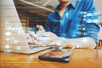 businessman working on digital diagram for program improvement, software developer work on digital improvement concept