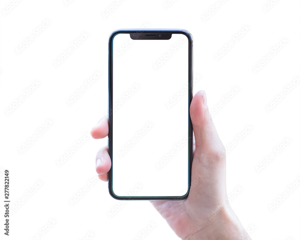 Smartphone in woman's hand isolated on white background with blank ...