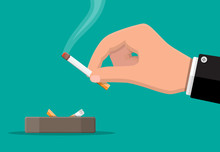 Grey Ceramic Ashtray Full Of Smokes Cigarettes. Crockery For Smoking. Cigarette In Hand. Vector Illustration In Flat Style