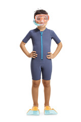 Canvas Print - Boy wearing a wetsuit, a diving mask and diving flippers