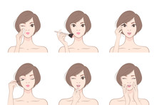 Young Woman Makes Up With Various Actions Set. Steps. Cosmetic. Beauty, Makeup. Healthy. Vector Illustration In Pastel Tones