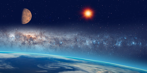 Poster - View of Earth from outer space with millions of stars around it and sun