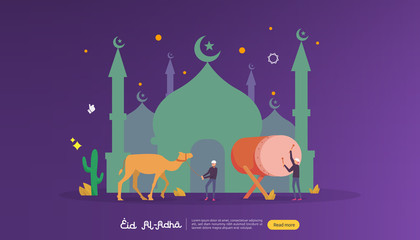 Sticker - islamic design illustration concept for Happy eid al adha or sacrifice celebration event with people character for web landing page, banner, presentation, poster, ad, promotion or print media