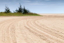 Coastal Landscape With Tire Tracks On Beach