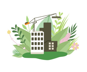 Sticker - Multi Storey House in Construction Process, House under Construction and Crane in Spring or Summer Season with Blooming Flowers and Leaves Vector Illustration