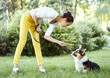 © vitaliymateha - Welsh Corgi dog being punished for bad behavior by owner with finger pointing at him. Young female training puppy in park on grass.