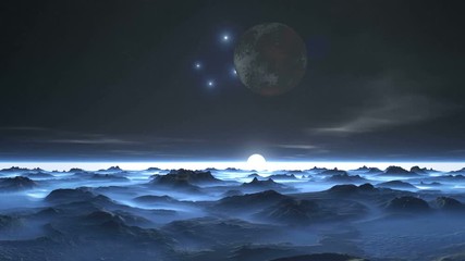 Wall Mural - Moon and Stars over Alien Planet. In the dark starry sky, the planet slowly rotates and approaches. Four stars shine brightly. Slowly float rare low clouds. Bright white sun set in a foggy horizon