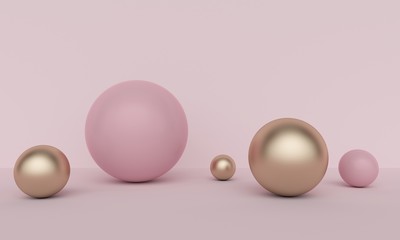 Poster - Geometric pink abstract background with golden spheres. 3d rendering