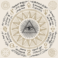 Vector Banner With Eye Of Providence. All-seeing Eye Inside Triangle Pyramid. Symbol Omniscience. Luminous Delta. Ancient Mystical Sacral Illuminati Symbol With Magical Inscriptions On Beige Backdrop