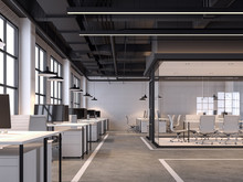 Modern Loft Style Office 3d Render.There Are White Brick Walls, Polished Concrete Floors And Black Ceilings With Piping Systems. Decorated With White Furniture, 