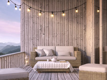 Wooden Balcony With Mountain View 3d Render, The Floor And Walls Are Old Wood, Decorated With Fabric And Rattan Furniture. Decorated With String Lights.