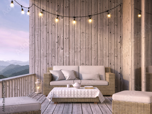 Fotografía Wooden balcony with mountain view 3d render, The floor and walls are old wood, decorated with fabric and rattan furniture