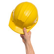 © DenisNata - Male Hand with yellow safety helmet. Human Hand holding hard hat, Isolated on White Background.