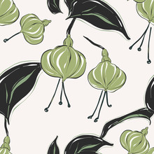 Botanical Pattern With Tender Green Pastel Fllowers And Leaves. Summer Bouque Collection. Ditsy  Simple Floral Texture.  Green Black Drawing Sketch Art