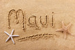 © david_franklin - Maui word written in sand sign writing drawing drawn on a sunny hawaiian summer beach with starfish holiday vacation travel destination message photo