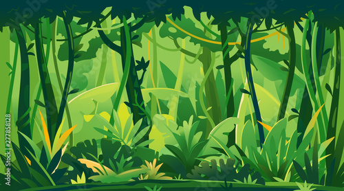 Fotomural Wild jungle forest with trees, bushes and lianas, nature landscape with green ju