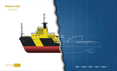 Wall Mural - Outline blueprint of rescue ship on white background. Top, side and front view. Industry 3d drawing in realistic style. Isolated image of boat