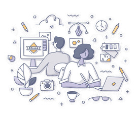 Wall Mural - team of designers working on new project at desks in creative office. they create logos, make sketch