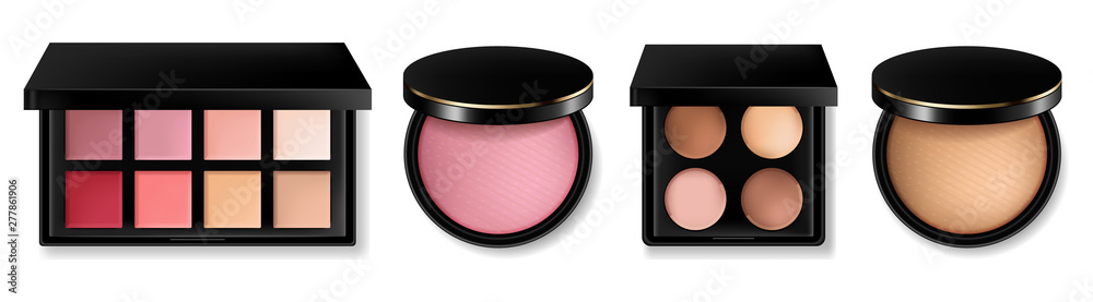 Cosmetics set Vector realistic. Eye shadow, lip gloss and powder blush collection. Product placement. 3d illustrations - obrazy, fototapety, plakaty 