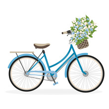 A Blue Lady Bicycle With A Flower Basket - Vector Illustration