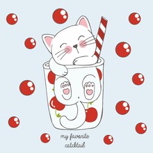 Vector Illustration Of Cute Kawaii Hand Drawn Cat In Anime Style In A Glass Of Cherry Cocktail With Red Bubbles, Lettering My Favorite Catcktail, Drawing For Childrens Menu, Cocktail Party
