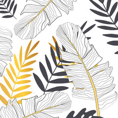  Seamless pattern with banana and golden palm leaves in vector