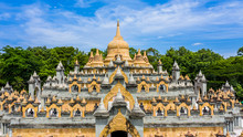 Aerial View Sandstone Pagoda In Wat Pa Kung Temple, Wat Prachakom Wanaram, Roi Et, Thailand.