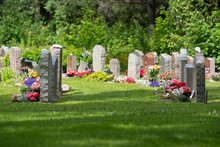 Rows Of Grave Stones With Colorful Flowers