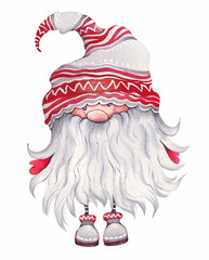 Christmas cartoon elf. Scandinavian dwarf, nisser, tomte, tonttu or tomtar. Isolated watercolor on white background.