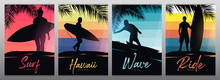 Set Banners Of Surfers With Surfboards On Colorful Gradient Background With Palm Leaves.