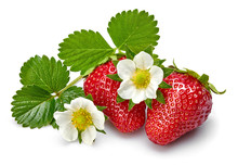 Strawberries With Green Leaf And Flowers, Isolated On White Background.