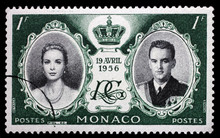 Stamp Printed In Monaco With Portrait Of Grace Kelly And Prince Rainier To Commemorate Their Marriage, Circa 1956.