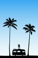 Sticker - Lovers on roof of cartoon retro car. Vector illustration with silhouette of couple on palm beach. Family road trip. Blue pastel background