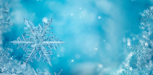 Snowflakes snowing on winter background with empty space for christmas message.