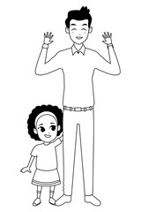 Wall Mural - Single father with little daughter cartoon in black and white