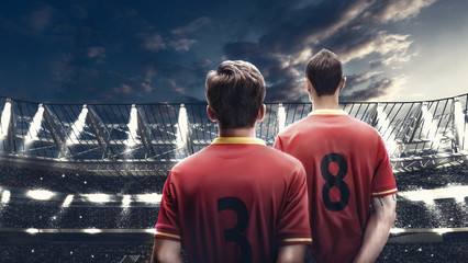 Wall Mural - two soccer player standing against the crowded stadium on background