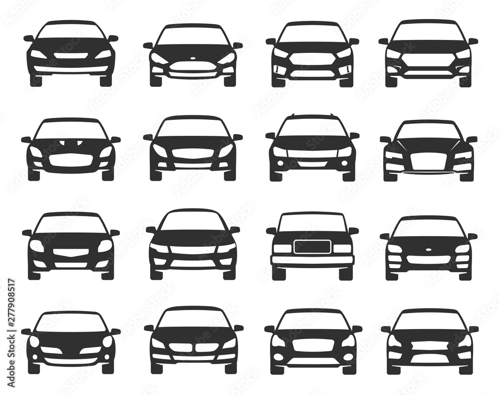 Car front view black icon set, transportation Stock Vector | Adobe Stock