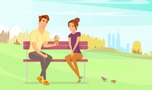 Couple In The Park. Cartoon Style.